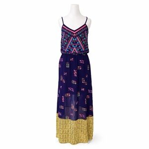 XHILARATION Maxi Dress Boho Cutout Navy Blue Print Women Medium Summer Flowy